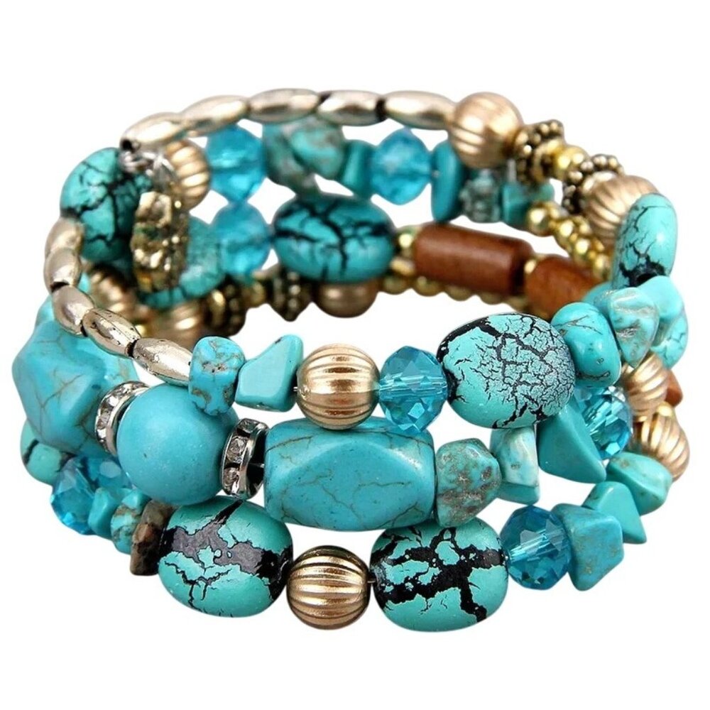 Western Style Blue Turquoise Wood Gold Tone Wrap Bracelet Southwest Accessory